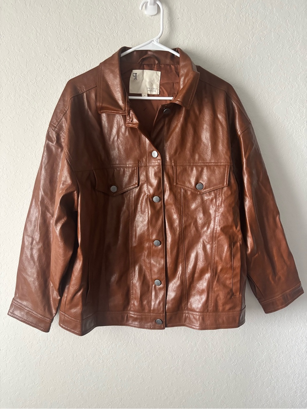 Anthro Pilcro Weston Faux Leather Boyfriend Jacket Med Cognac Brown Oversized